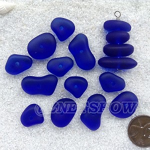 Cultured sea glass freeform regular center drilled nugget graduated stacking mix <b>14-22x11-14mm</b> 33-Royal Blue per <b>12-pc-bag</b>, quite unique focal design.